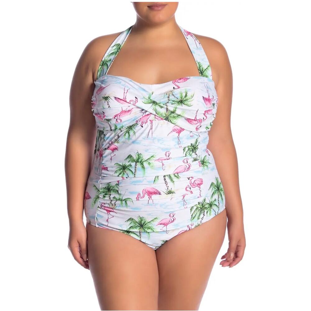 Marilyn Monroe flamingo print one-piece halter swimsuit, size 2X